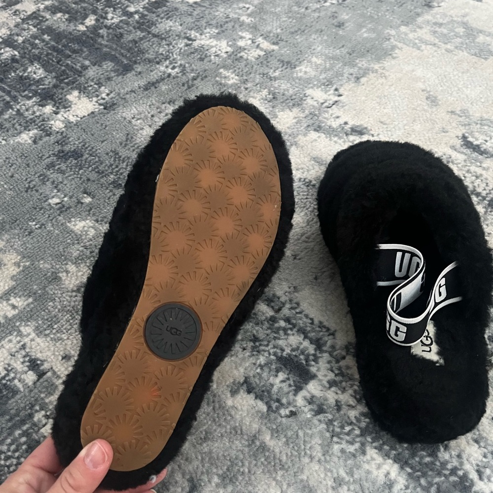 UGG Black Fluffy Slippers with Tan Sole